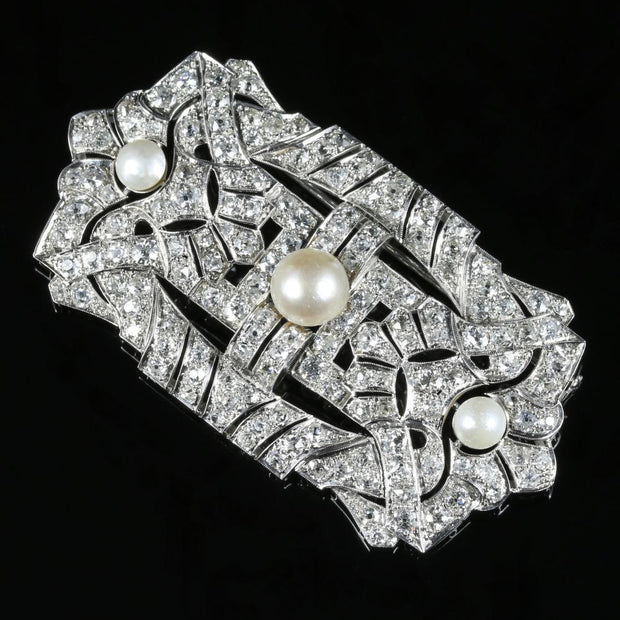 Art Deco Diamond Pearl Brooch 18ct Gold 11ct Of Diamond