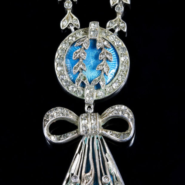 Antique Art Deco Silver Blue Enamel Pendant Necklace