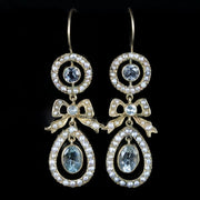 Antique Edwardian Aquamarine Pearl Earrings 18Ct Gold