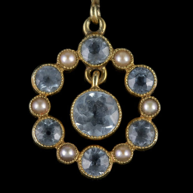 Antique Edwardian Aquamarine Pearl Pendant Necklace Circa 1910