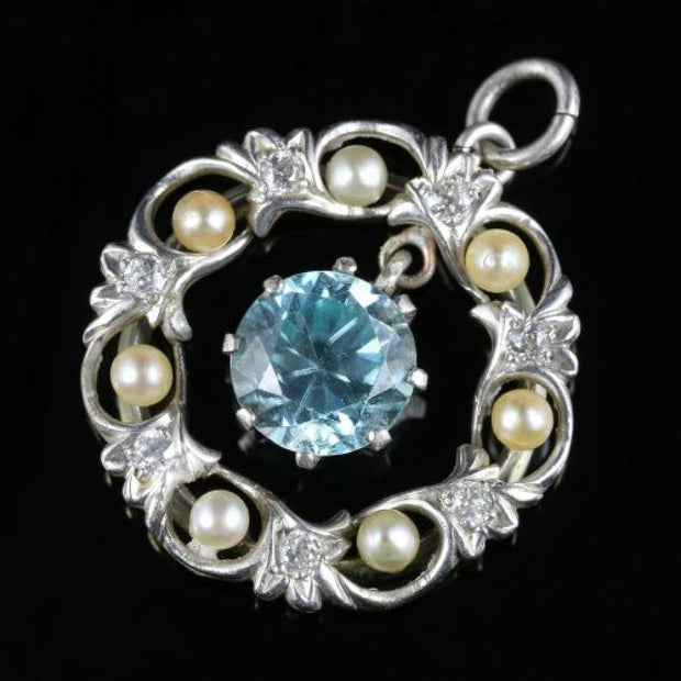 Edwardian Pendant Platinum Edwardian Blue Zircon Diamond And Pearl Pendant 1915