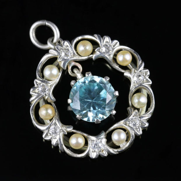 Edwardian Pendant Platinum Edwardian Blue Zircon Diamond And Pearl Pendant 1915