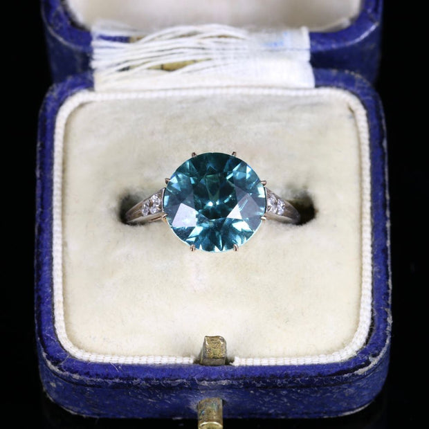 Antique Edwardian Blue Zircon Diamond Ring 18Ct Gold 4.50Ct Blue Zircon