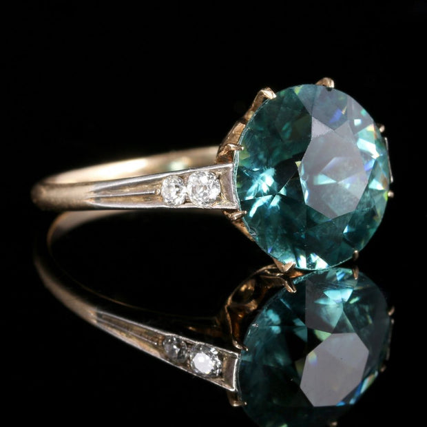 Antique Edwardian Blue Zircon Diamond Ring 18Ct Gold 4.50Ct Blue Zircon