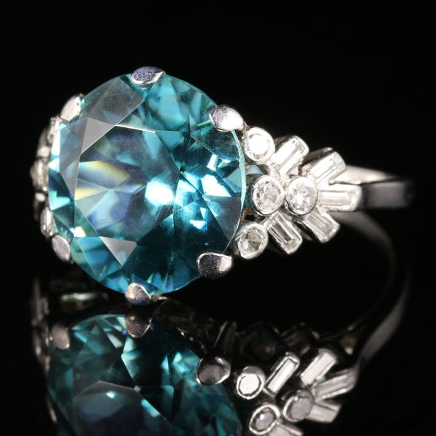 Antique Edwardian Blue Zircon Diamond Ring Platinum 8Ct Zircon Circa 1915