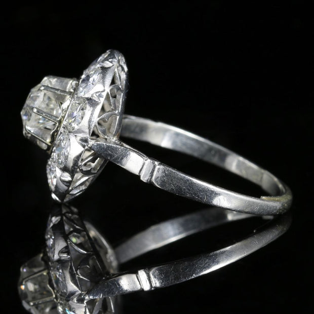 Antique Edwardian Diamond Cluster Ring 18Ct White Gold 2.60Ct