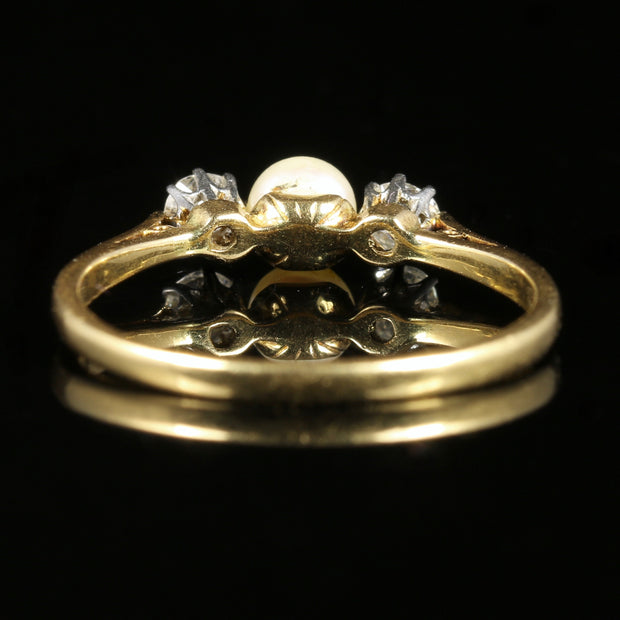 Antique Edwardian Diamond Pearl Trilogy Ring Circa 1915 18Ct Gold Plat