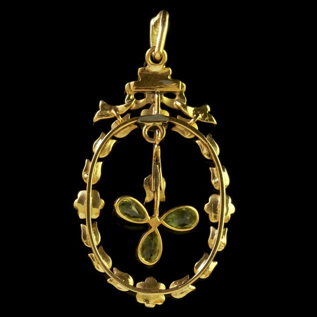 Antique Edwardian Peridot Pearl Pendant 18Ct Gold