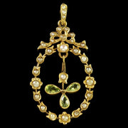 Antique Edwardian Peridot Pearl Pendant 18Ct Gold