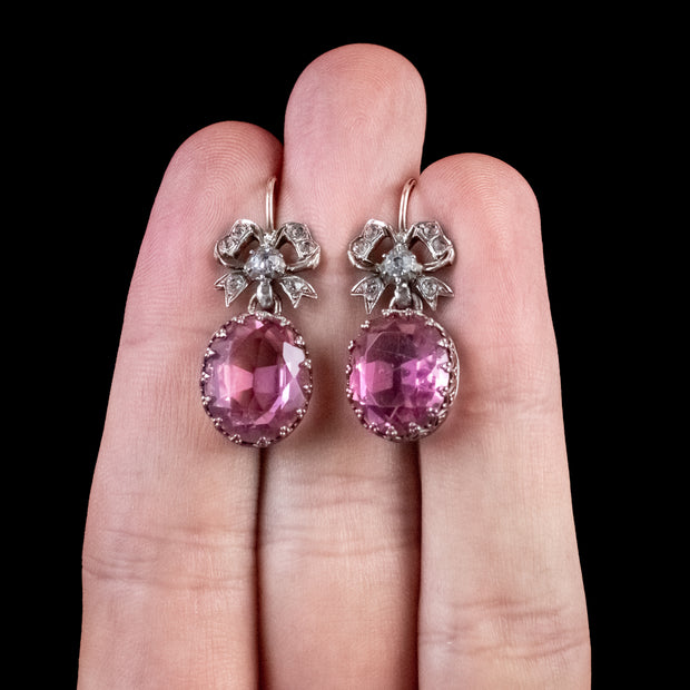 Antique Edwardian Pink And White Paste Gold Silver Earrings Bow Tops Circa 1910