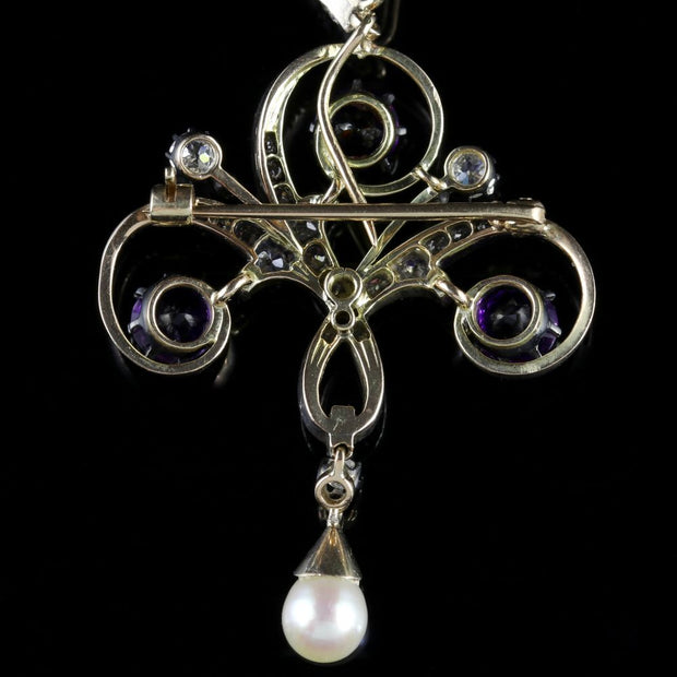 Antique Edwardian Platinum Amethyst Diamond Pendant Necklace