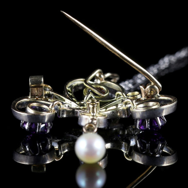 Antique Edwardian Platinum Amethyst Diamond Pendant Necklace