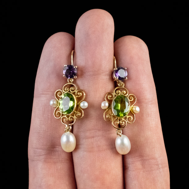 Antique Edwardian Suffragette Peridot Pearl Drop Earrings 18Ct Gold Circa 1915