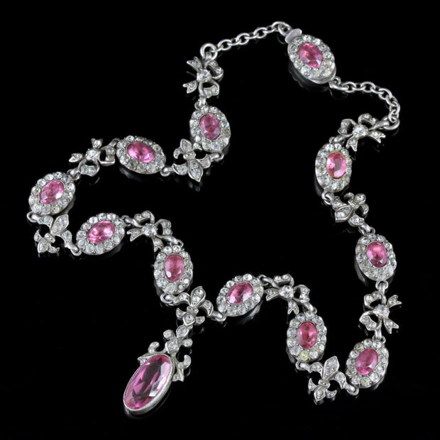 Antique French Belle Epoque Necklace Pink Paste Silver Circa 1890