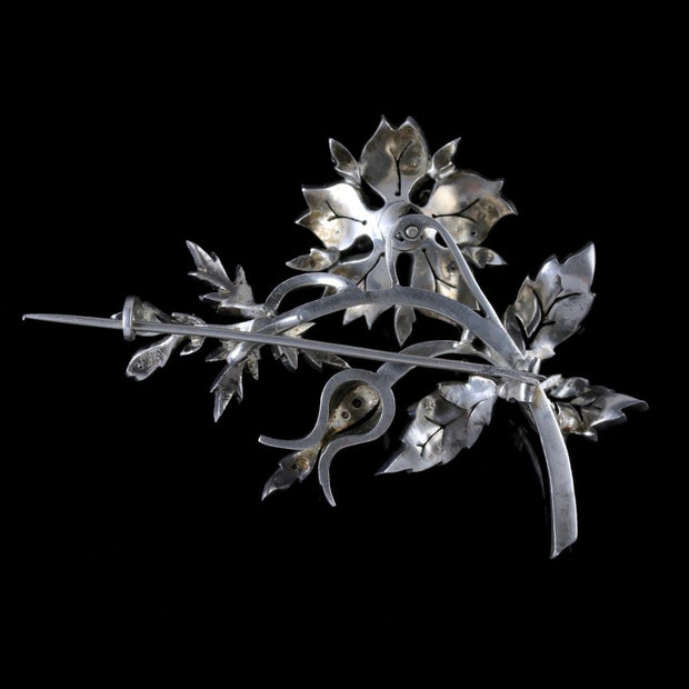 Antique French Flower Brooch Victorian Trembler Silver Paste Circa 1880