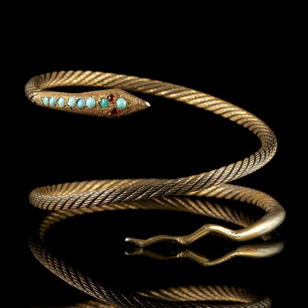 Antique French Snake Bangle Turquoise Garnet Silver Gilt Circa 1900