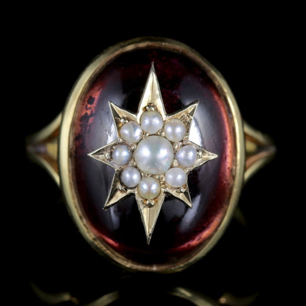 Antique Garnet Ring Victorian 18Ct Gold Pearl Star Circa 1880