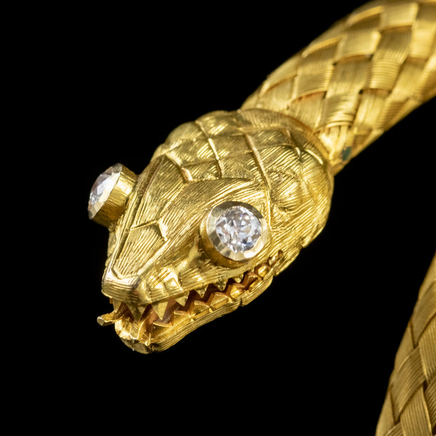 Antique Victorian 18Ct Gold Coiled Diamond Snake Bangle Circa 1875