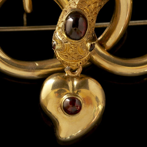 Antique Georgian 18Ct Gold Garnet Snake Brooch Mourning Witches Heart