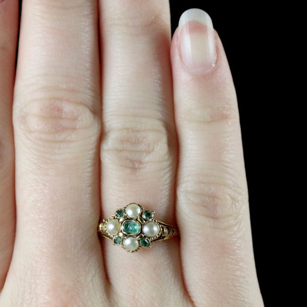 Antique Georgian Emerald Ring 18Ct Gold Pearl Circa 1800
