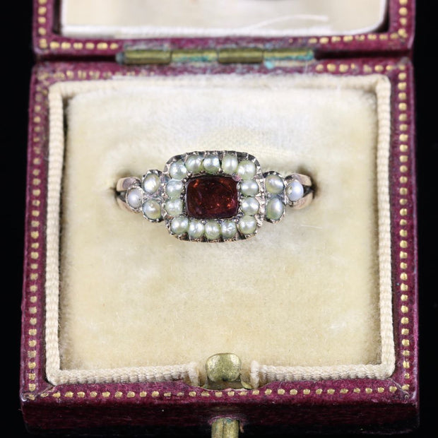 Antique Georgian Flat Cut Garnet Pearl Ring 18Ct Gold Circa 1800