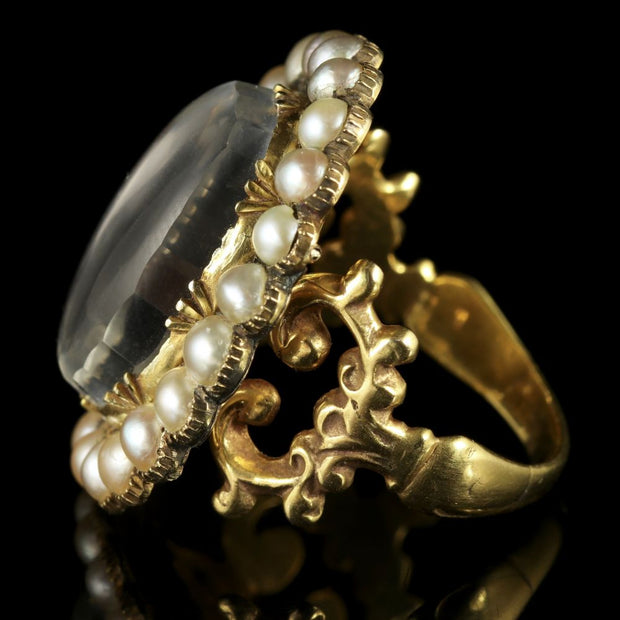 Antique Georgian Large Rock Crystal Pearl Ring 18Ct Gold