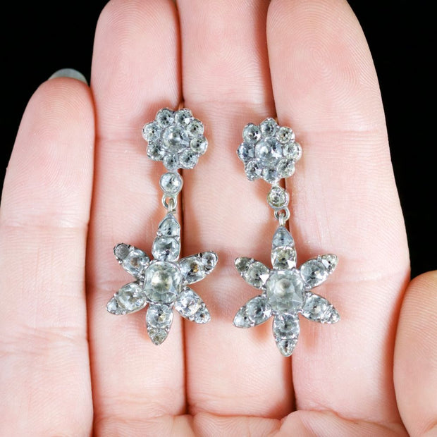 Antique Georgian Paste Stone Flower Earrings Silver Circa 1800