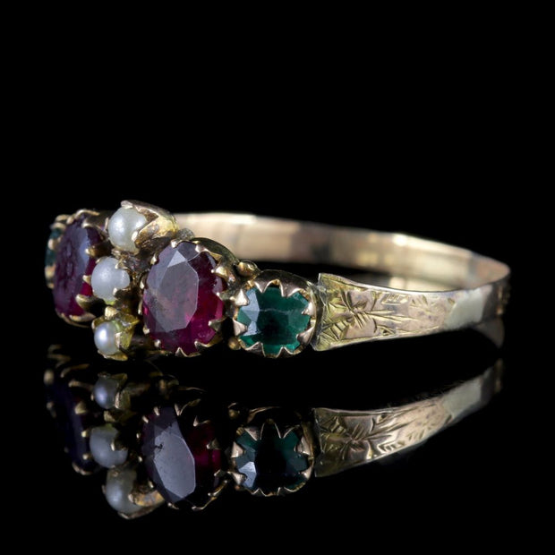 Antique Georgian Ring Garnet Emerald Pearl 15Ct Gold