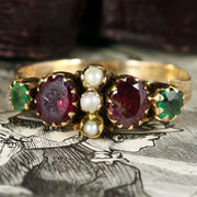 Antique Georgian Ring Garnet Emerald Pearl 15Ct Gold Circa 1800
