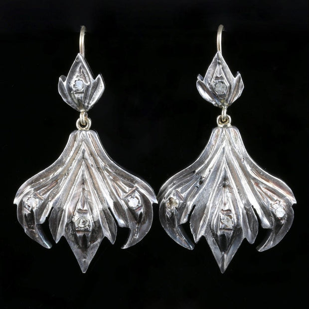 Antique Georgian Rose Cut Diamond Earrings Silver Gold