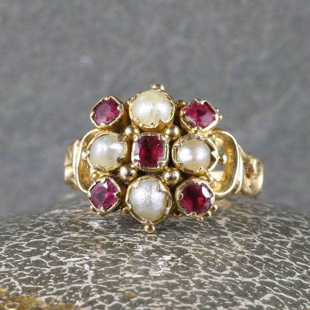 Antique Georgian Ruby Pearl Ring 18Ct Gold Circa 1800