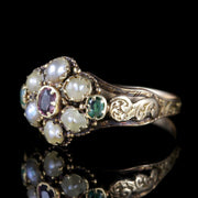 Antique Georgian Ring 15Ct Gold Garnet Emerald Pearl Circa 1800