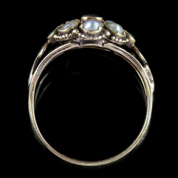 Antique Georgian Ring 15Ct Gold Garnet Emerald Pearl Circa 1800