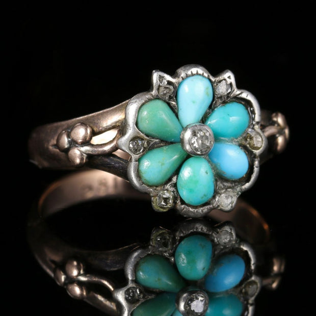 Antique Georgian Turquoise Diamond Ring Locket Back Circa 1830