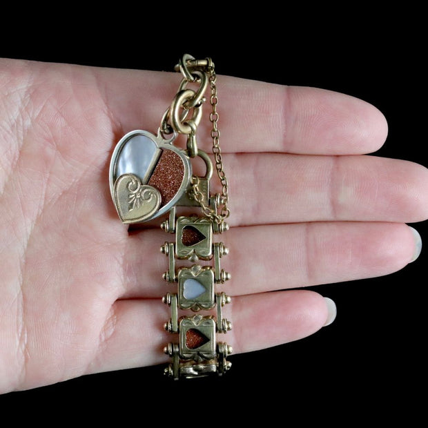 Antique Heart Bracelet Gold Gilt Aventurine Pearl Circa 1890