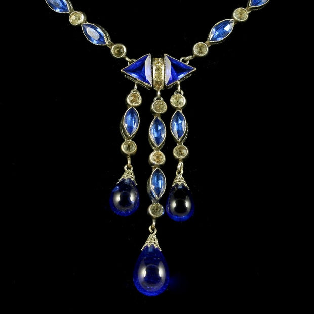 Antique Long Paste Necklace Blue And White Paste Art Deco Circa 1920