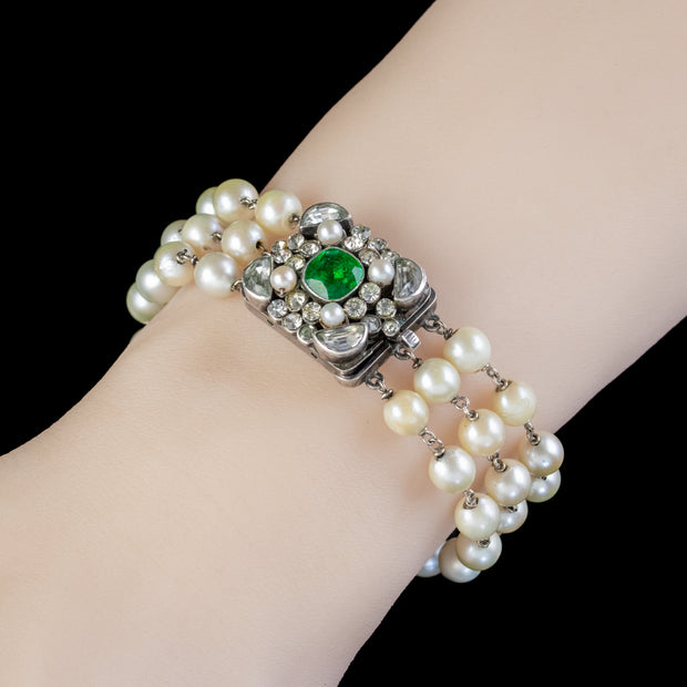 Antique Victorian Pearl Bracelet Green Paste Silver Clasp Austro Hungarian Circa 1890 wrist