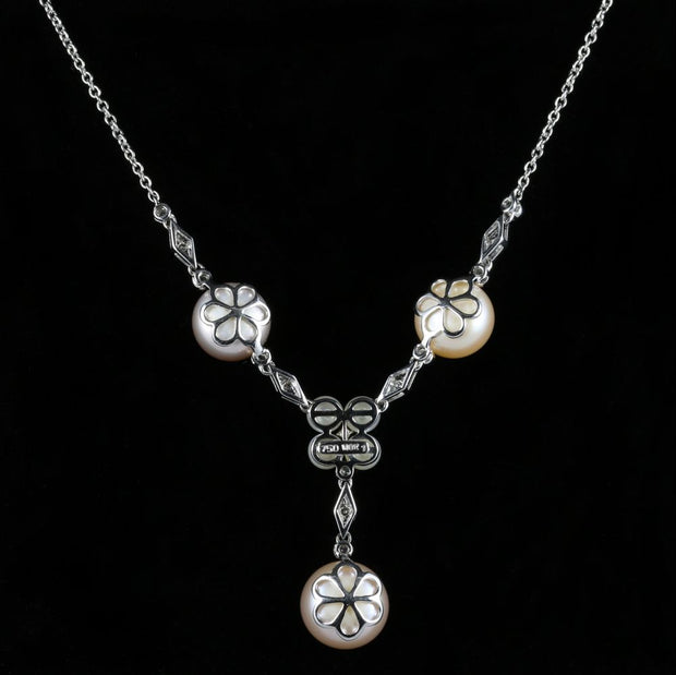 Antique Pearl Diamond Lavaliere Necklace 18Ct White Gold