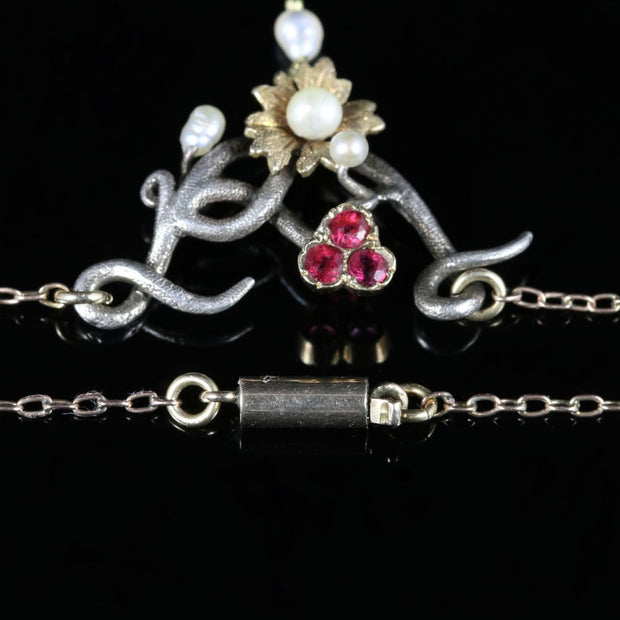 Antique Ruby Pearl Necklace Art Nouveau Silver 9Ct Gold