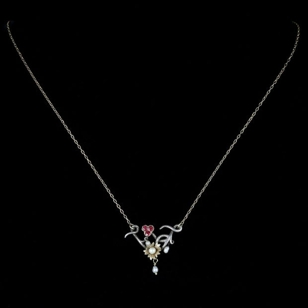 Antique Ruby Pearl Necklace Art Nouveau Silver 9Ct Gold