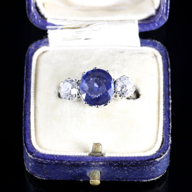 Antique Sapphire Diamond Ring 3.50Ct Sapphire 1.50Ct Diamond Platinum Trilogy Ring