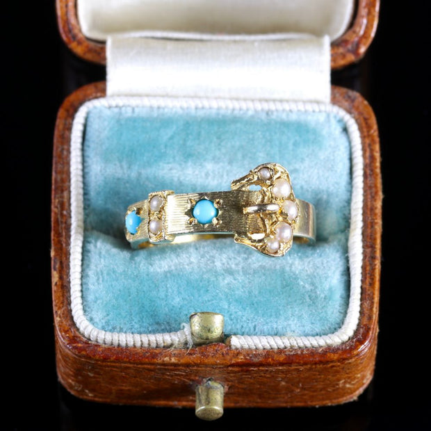 Antique Turquoise Pearl Gold Buckle Ring Hallmarked 1933