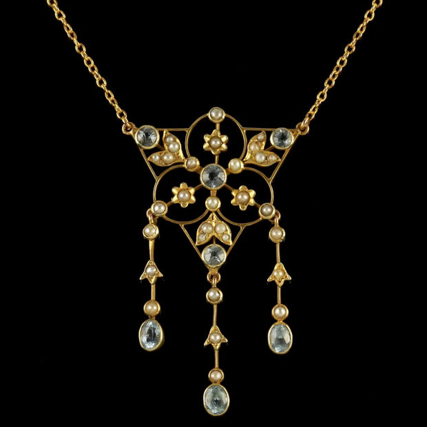 Antique Victorian 15Ct Gold Aquamarine Pearl Necklace Circa 1900