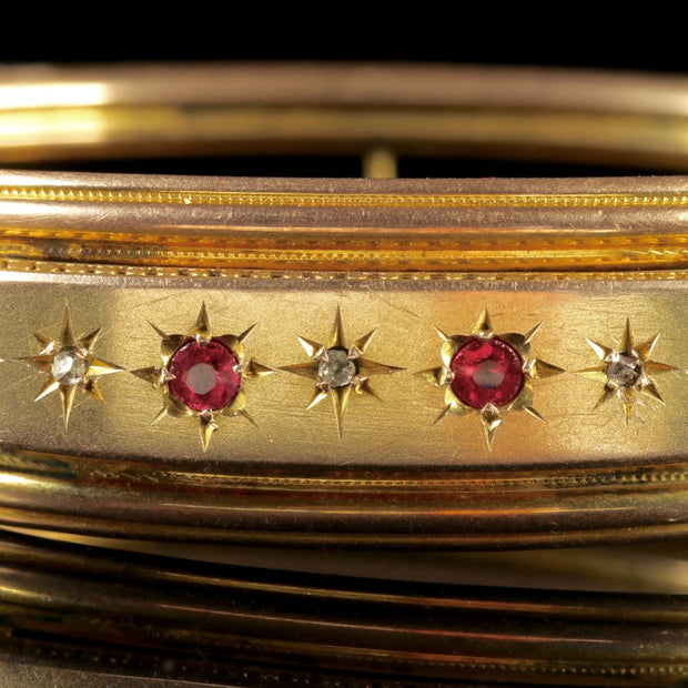 Antique Victorian 9Ct Gold Star Set Ruby Diamond Bangle Circa 1900