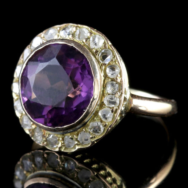 Antique Victorian Amethyst Diamond Cluster Ring 18Ct Gold