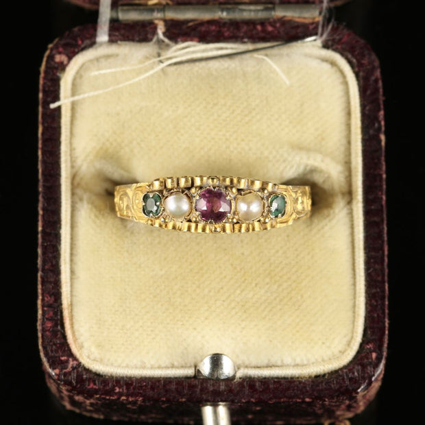 Antique Victorian Suffragette Amethyst Emerald Pearl Ring Dated 1867 12Ct Gold