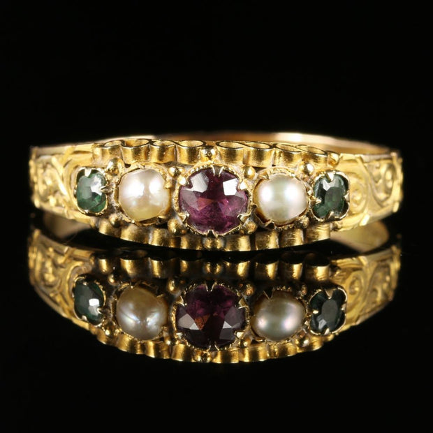 Antique Victorian Suffragette Amethyst Emerald Pearl Ring Dated 1867 12Ct Gold