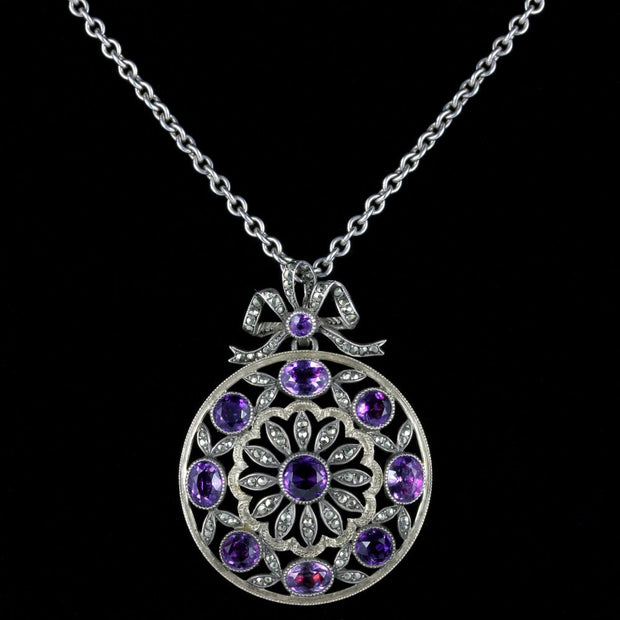 Antique Victorian Amethyst Marcasite Necklace French Silver Circa 1900