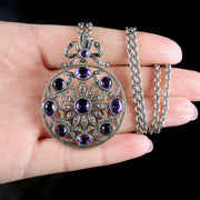 Antique Victorian Amethyst Marcasite Necklace French Silver Circa 1900