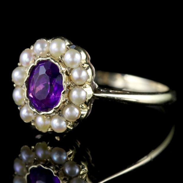 Antique Victorian Amethyst Pearl Cluster Ring 18Ct Gold Circa 1900